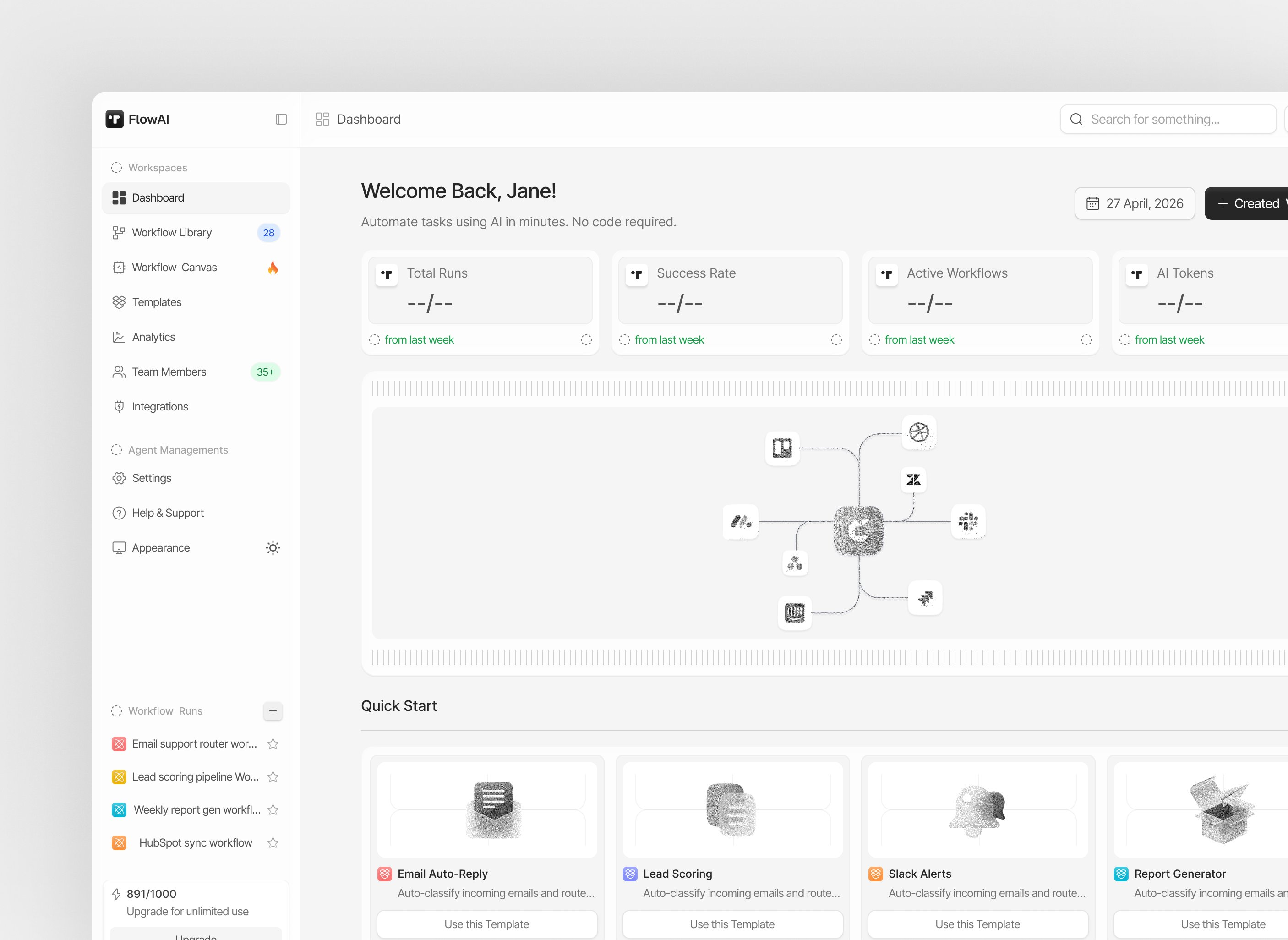 FlowAI workflow automation dashboard UI